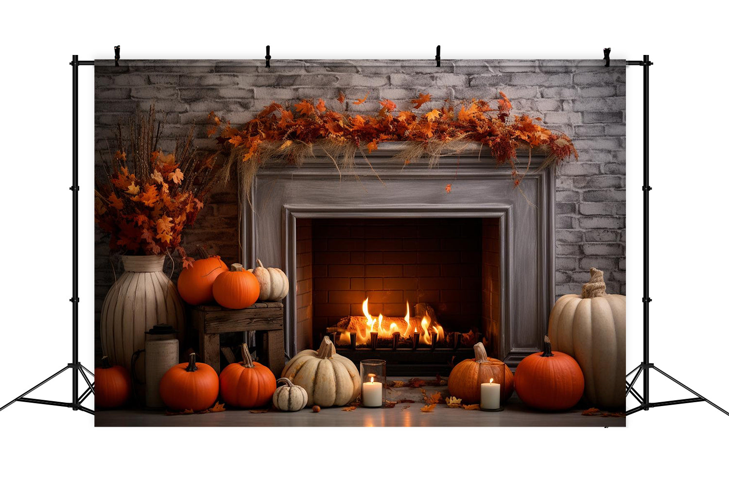 Autumn Fireplace Red Maple Leaves Backdrop UK BRP7-84