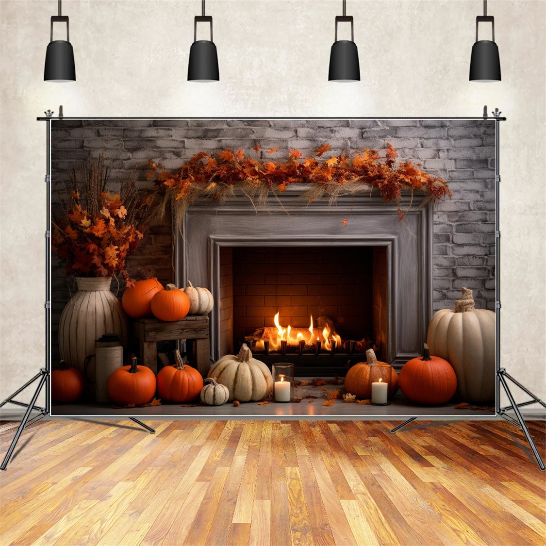 Autumn Fireplace Red Maple Leaves Backdrop UK BRP7-84