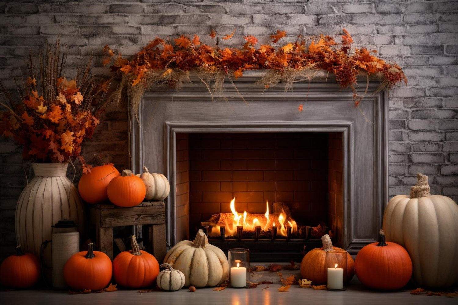 Autumn Fireplace Red Maple Leaves Backdrop UK BRP7-84