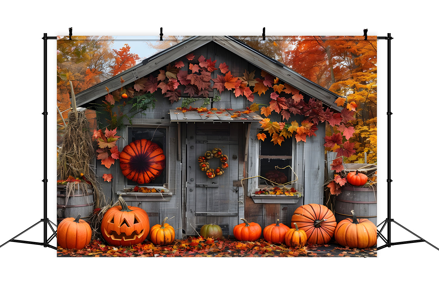 Autumn Forest Wood House Pumpkins Backdrop UK BRP7-88