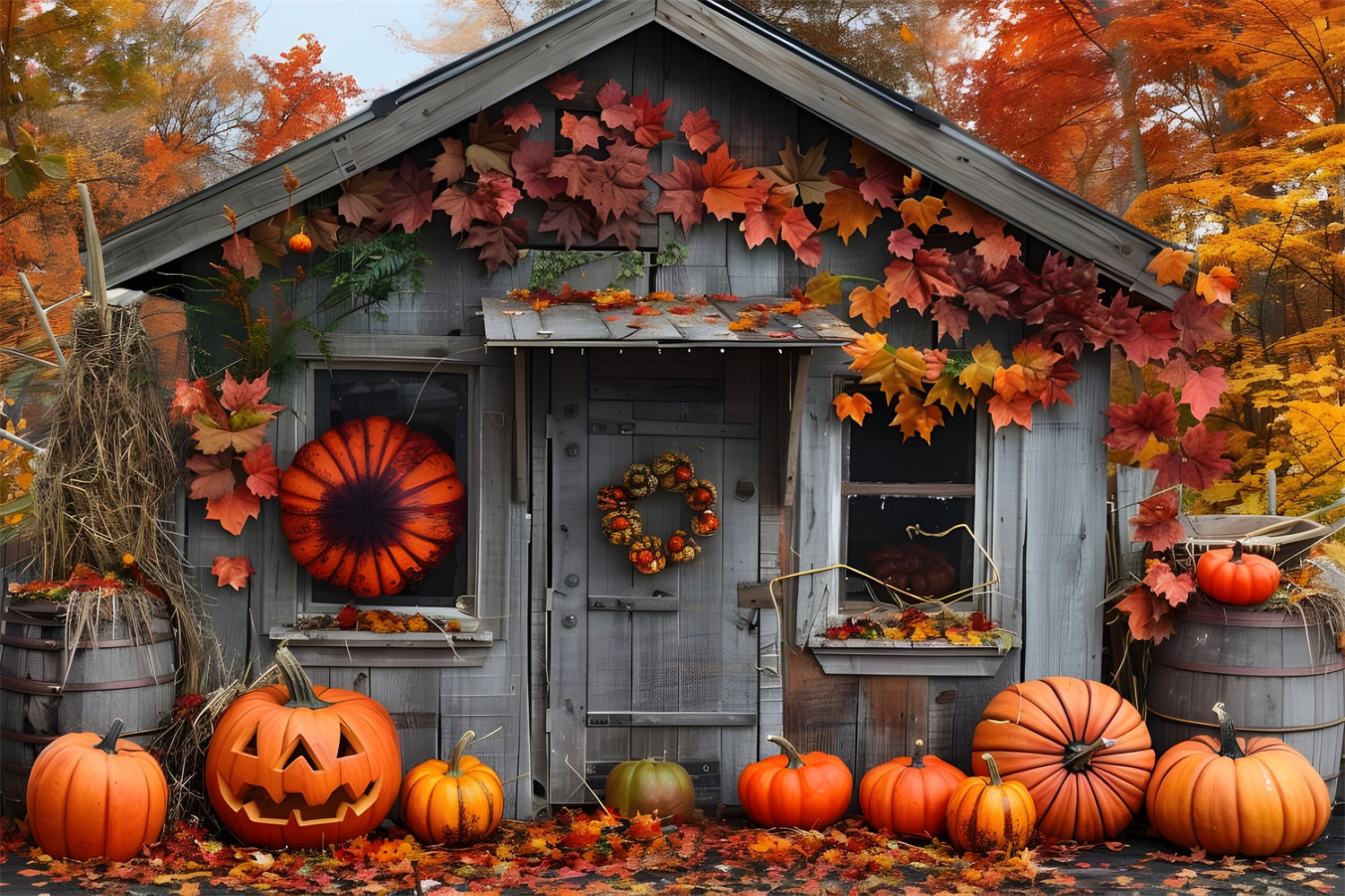 Autumn Forest Wood House Pumpkins Backdrop UK BRP7-88