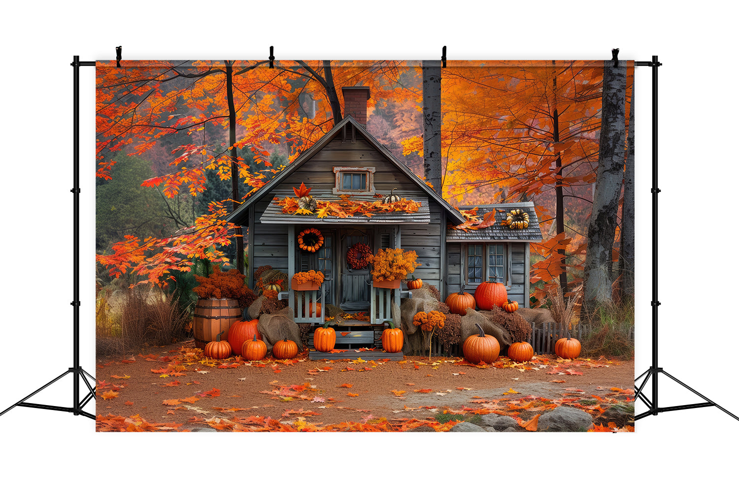 Autumn Wooden Pumpkin House Backdrop UK BRP7-89