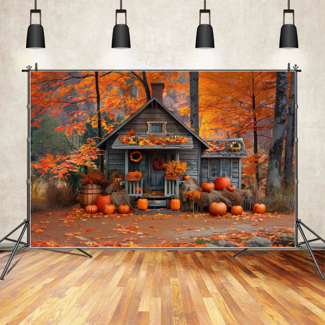 Autumn Wooden Pumpkin House Backdrop UK BRP7-89