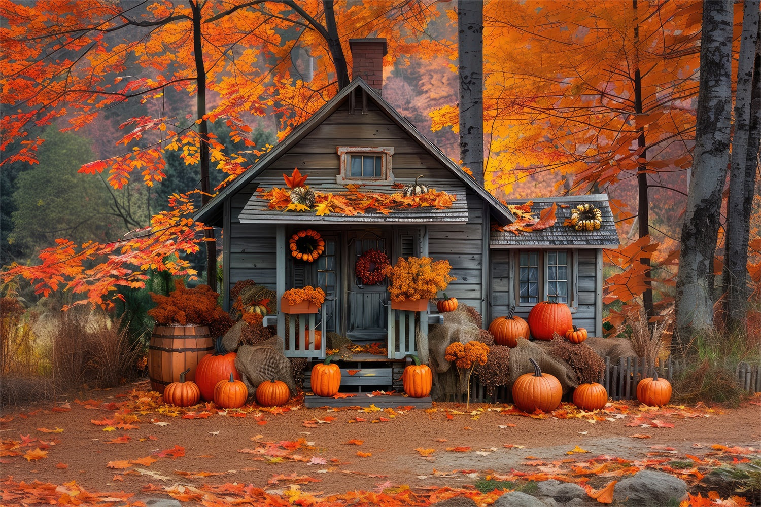 Autumn Wooden Pumpkin House Backdrop UK BRP7-89