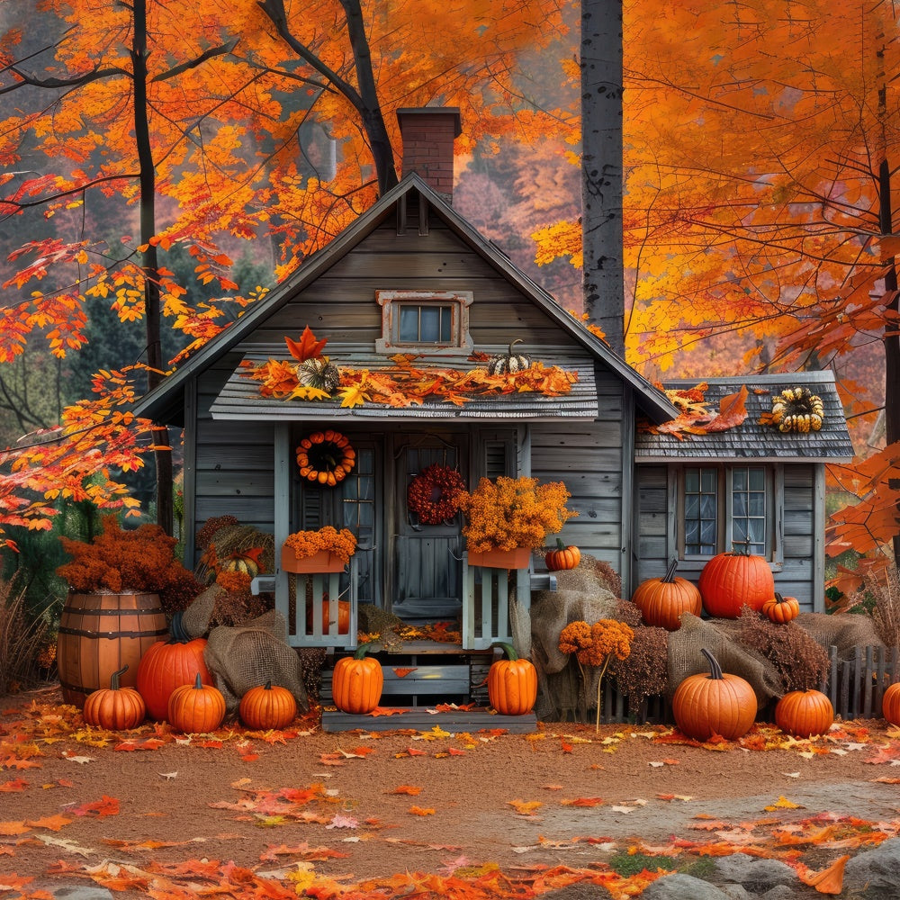 Autumn Wooden Pumpkin House Backdrop UK BRP7-89