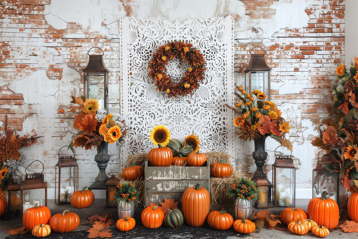 Autumn Brick Wall Sunflowers Backdrop UK BRP7-91