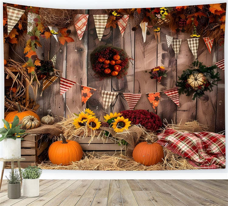 Autumn Brown Wood Flags Pumpkin Backdrop UK BRP7-93