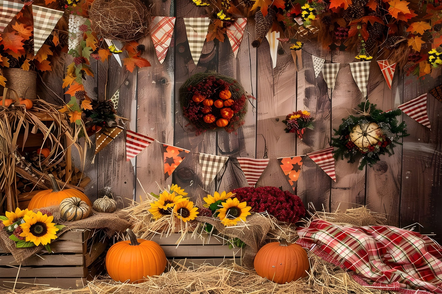 Autumn Brown Wood Flags Pumpkin Backdrop UK BRP7-93