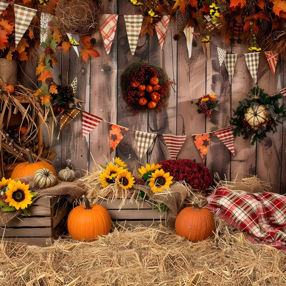 Autumn Brown Wood Flags Pumpkin Backdrop UK BRP7-93