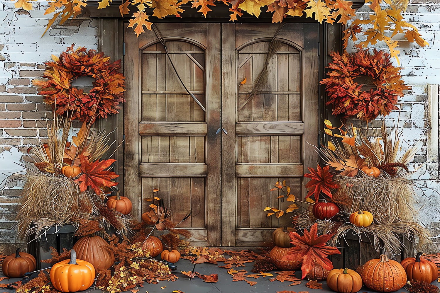 Autumn Pumpkin Brick Barn Door Backdrop UK BRP7-96