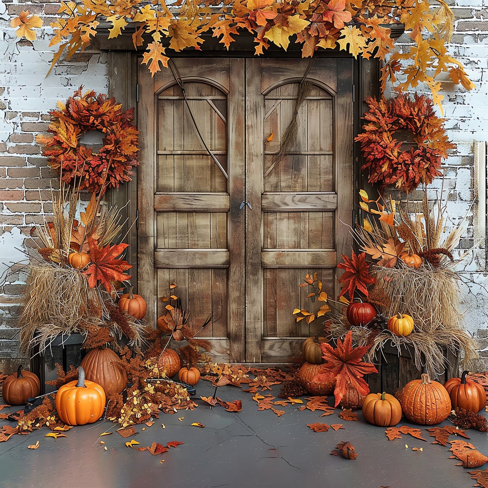 Autumn Pumpkin Brick Barn Door Backdrop UK BRP7-96