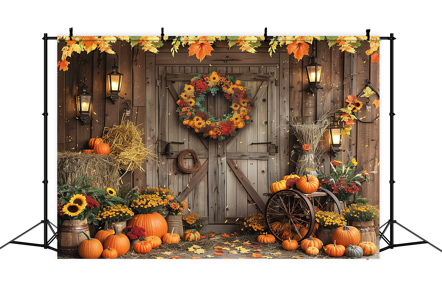 Autumn Barn Door Wreath Pumpkin Backdrop UK BRP7-97