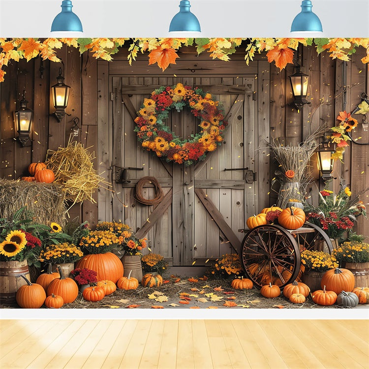 Autumn Barn Door Wreath Pumpkin Backdrop UK BRP7-97