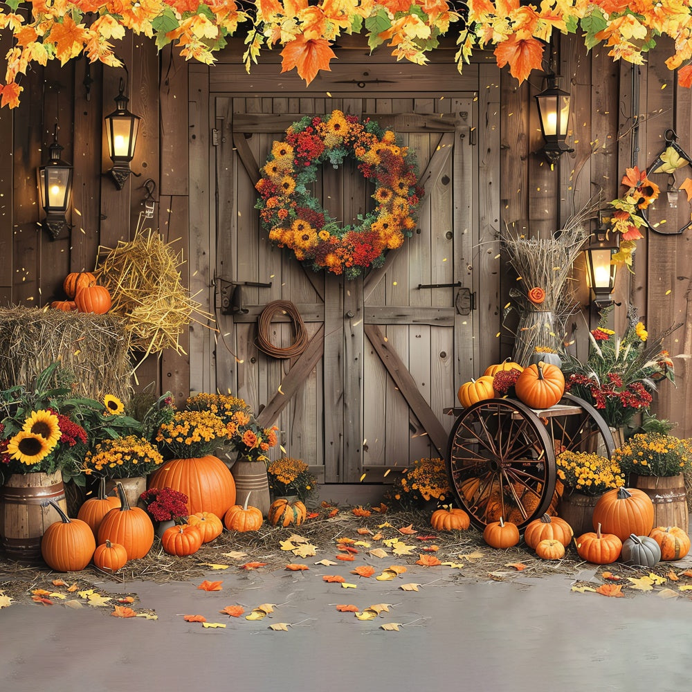 Autumn Barn Door Wreath Pumpkin Backdrop UK BRP7-97