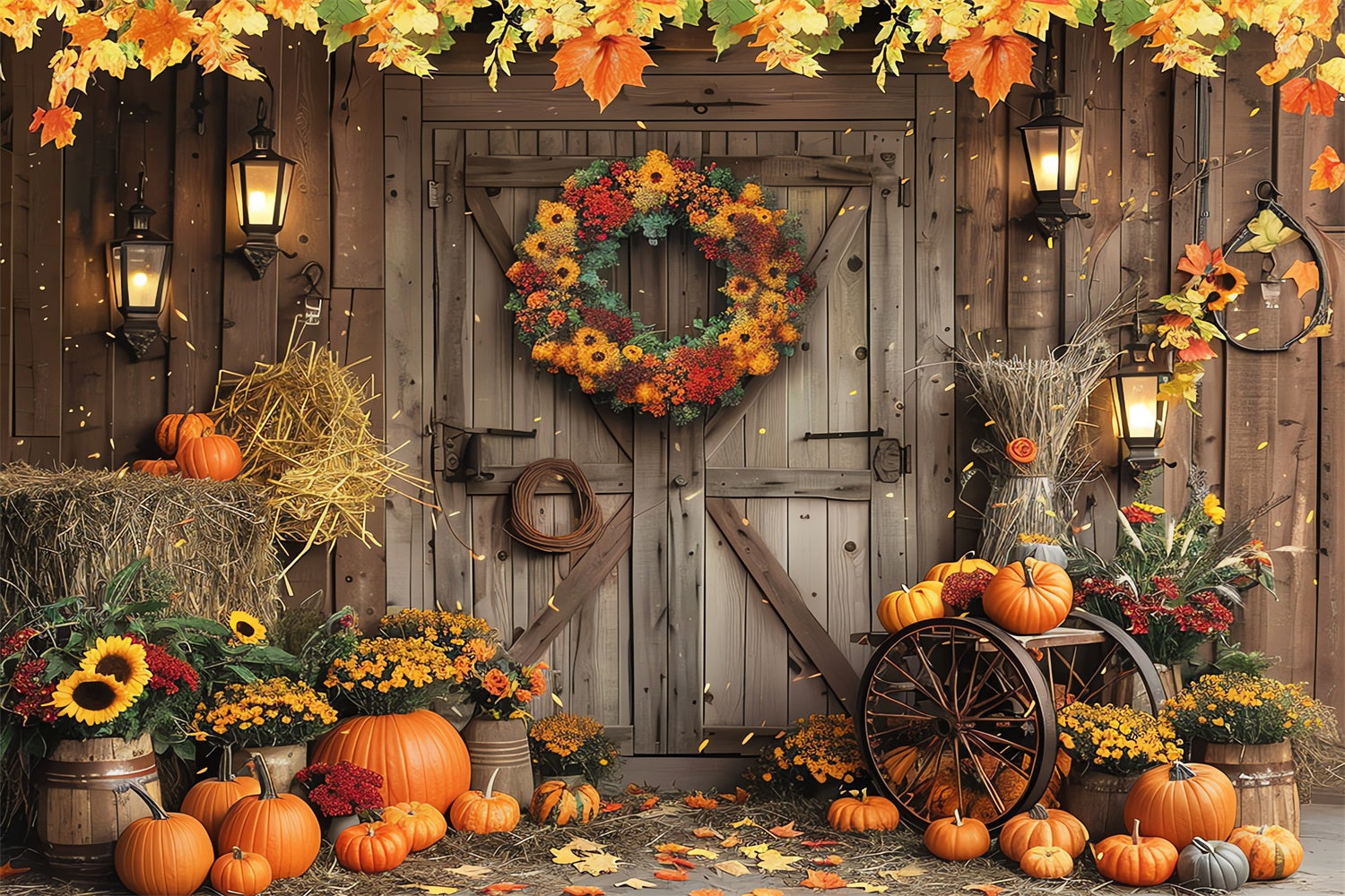 Autumn Barn Door Wreath Pumpkin Backdrop UK BRP7-97