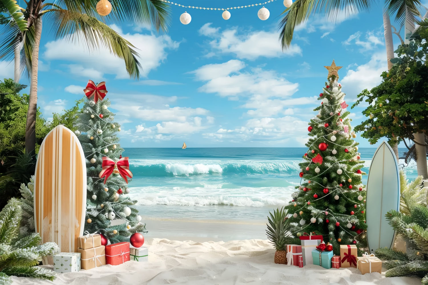 Christmas Palm Trees and Surf Backdrop UK BRP8-1