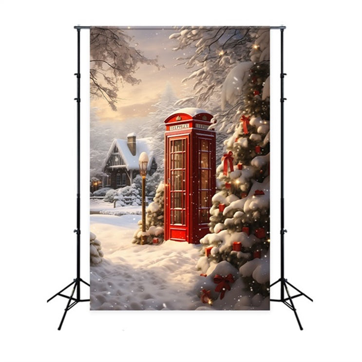 Christmas Red Telephone Booth Snow Backdrop UK BRP8-106