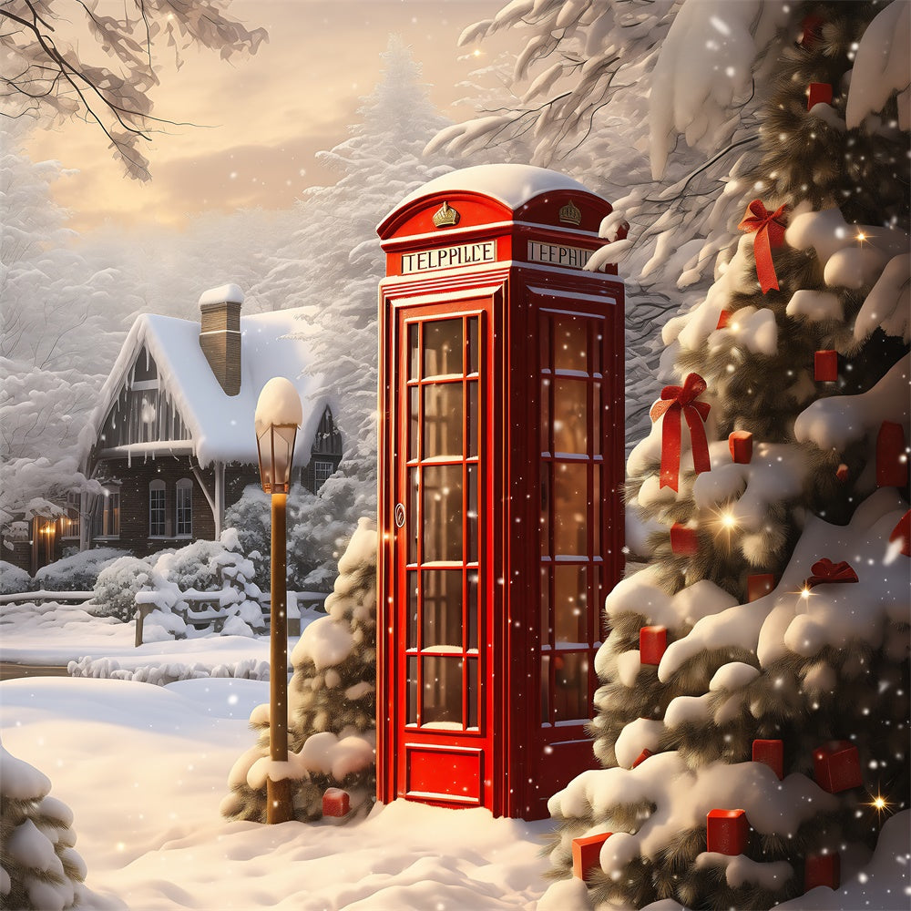 Christmas Red Telephone Booth Snow Backdrop UK BRP8-106