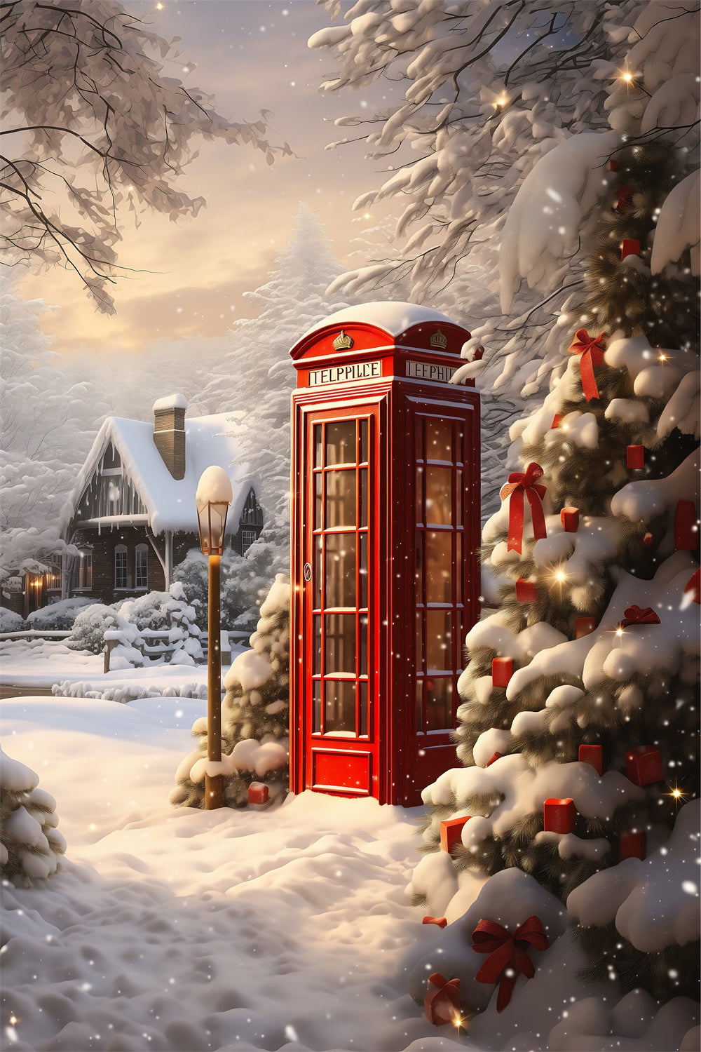 Christmas Red Telephone Booth Snow Backdrop UK BRP8-106