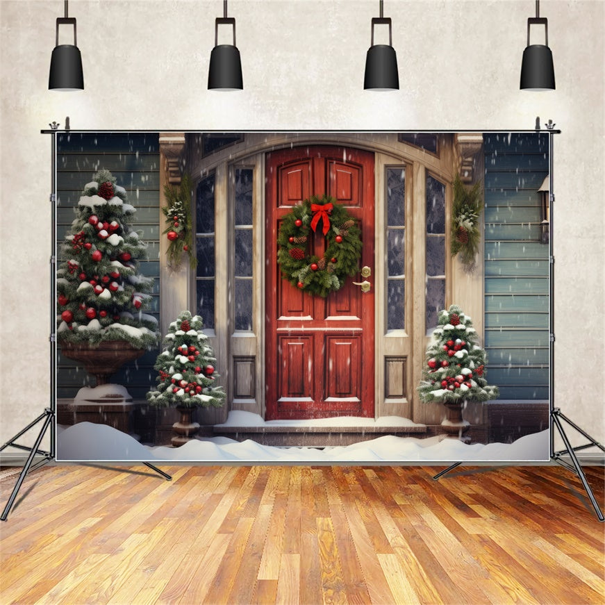 Snowy Christmas Red Door Wreath Backdrop UK BRP8-118