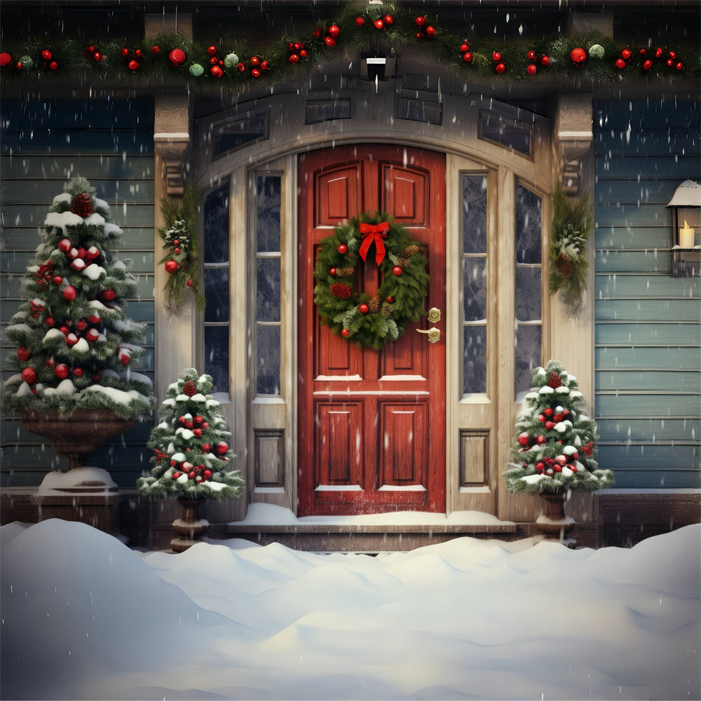 Snowy Christmas Red Door Wreath Backdrop UK BRP8-118