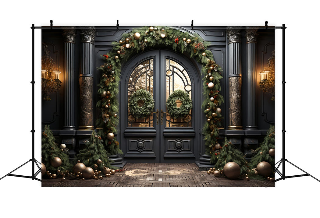 Elegant Black Door with Christmas Decorations Backdrop UK BRP8-128