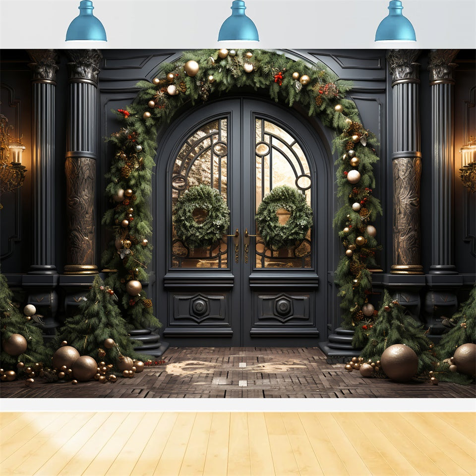 Elegant Black Door with Christmas Decorations Backdrop UK BRP8-128