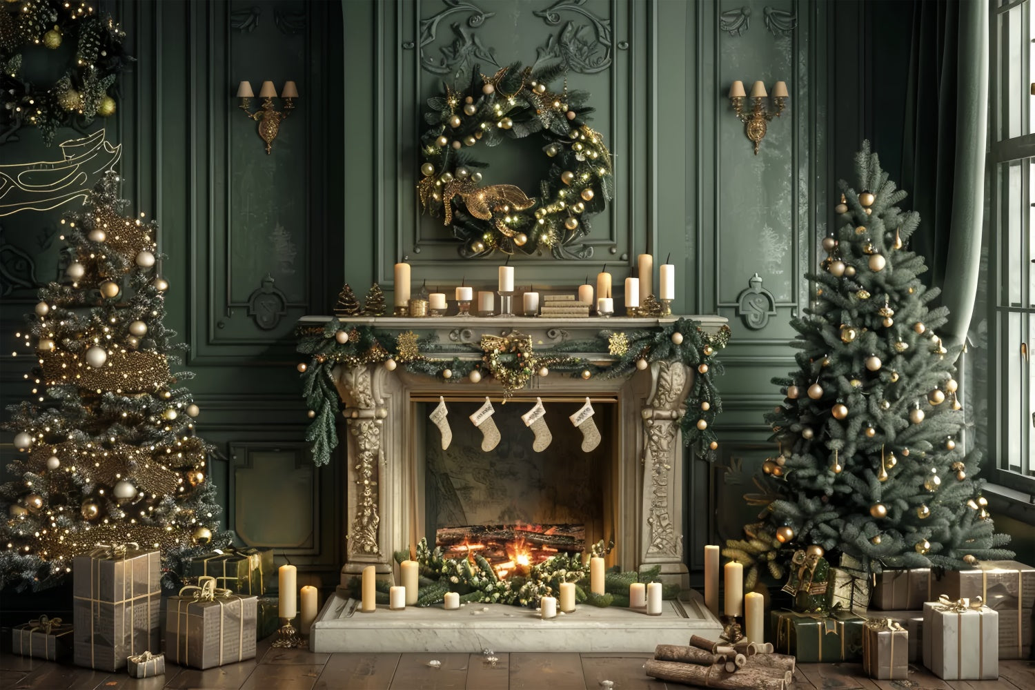 Christmas Stockings Fireplace Backdrop UK BRP8-13