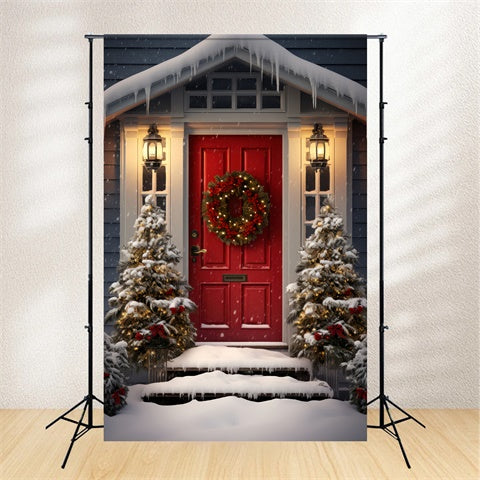 Christmas Red Door and Snowy Entryway Backdrop UK BRP8-132