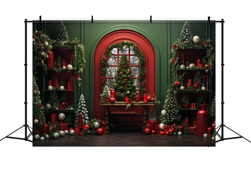 Red Christmas Decor in Green Room Backdrop UK BRP8-135