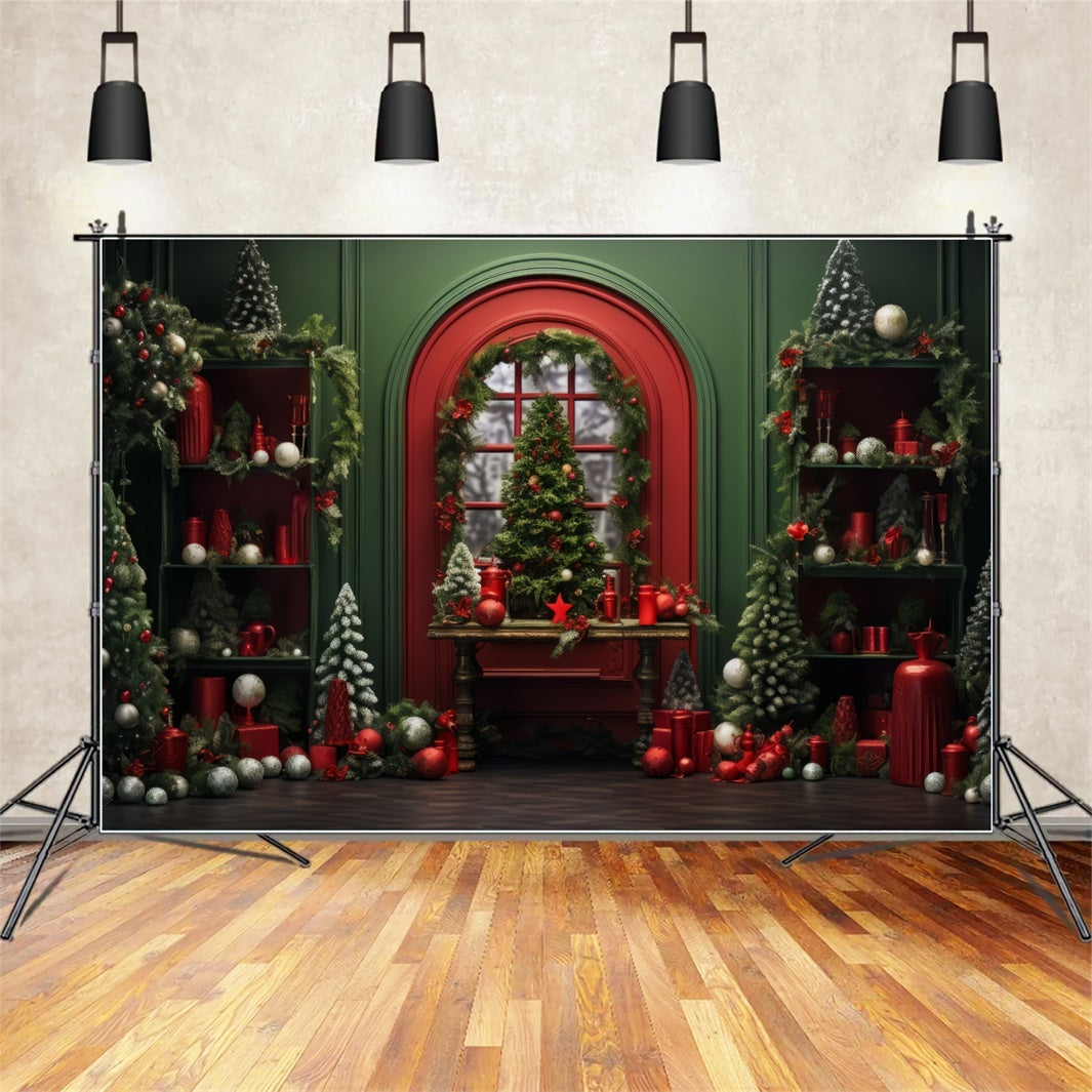 Red Christmas Decor in Green Room Backdrop UK BRP8-135