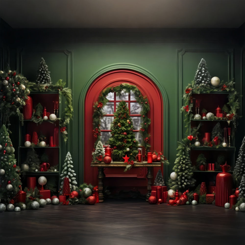 Red Christmas Decor in Green Room Backdrop UK BRP8-135