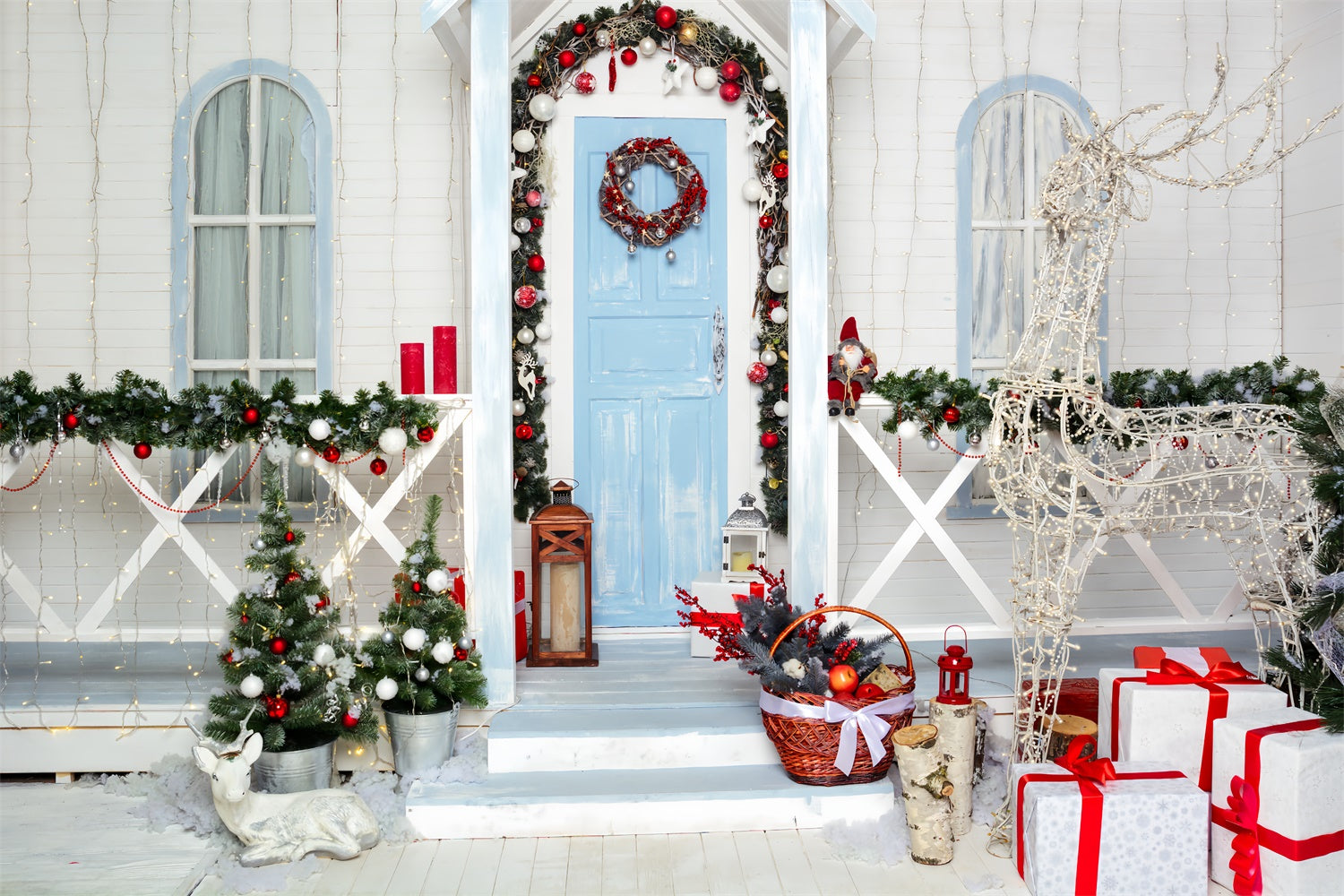 Snowy Christmas Porch with Reindeer Lights Backdrop UK BRP8-137