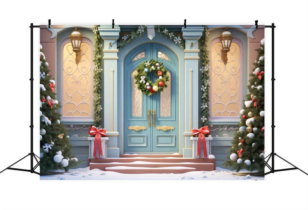 Elegant Christmas Blue Door Wreath Backdrop UK BRP8-138