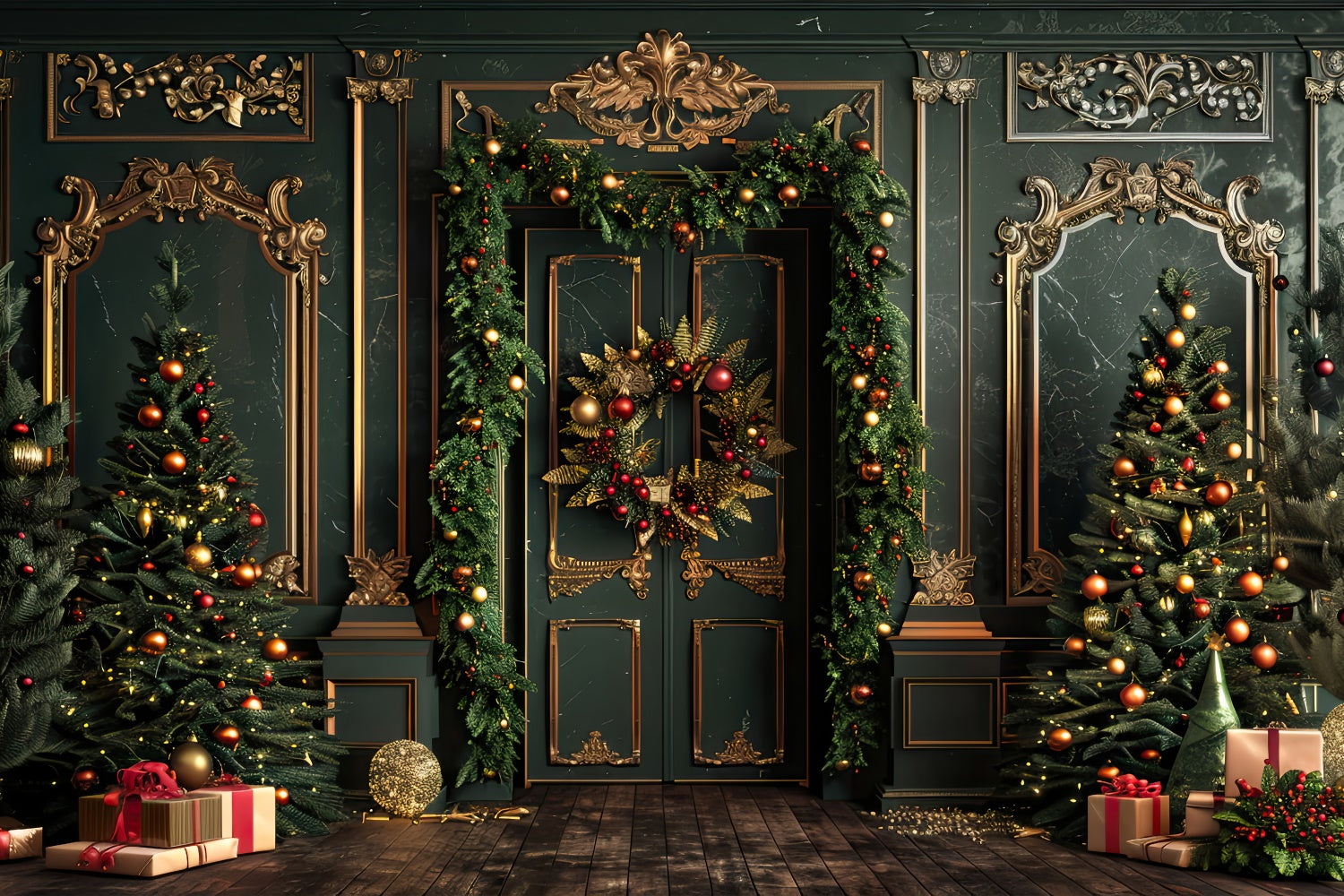 Elegant Christmas Trees with Golden Accents Backdrop UK BRP8-139