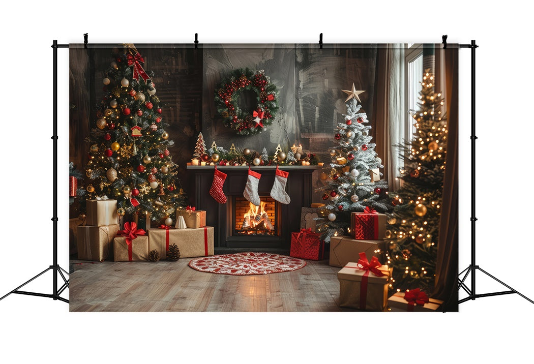 Christmas Decor and Fireplace with Stockings Backdrop UK BRP8-140