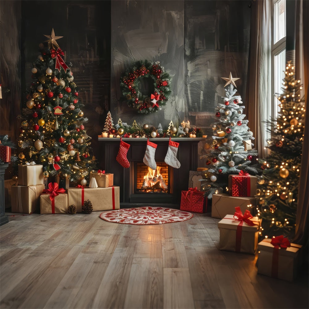 Christmas Decor and Fireplace with Stockings Backdrop UK BRP8-140