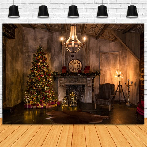 Vintage Room Christmas Tree Fireplace Backdrop UK BRP8-150