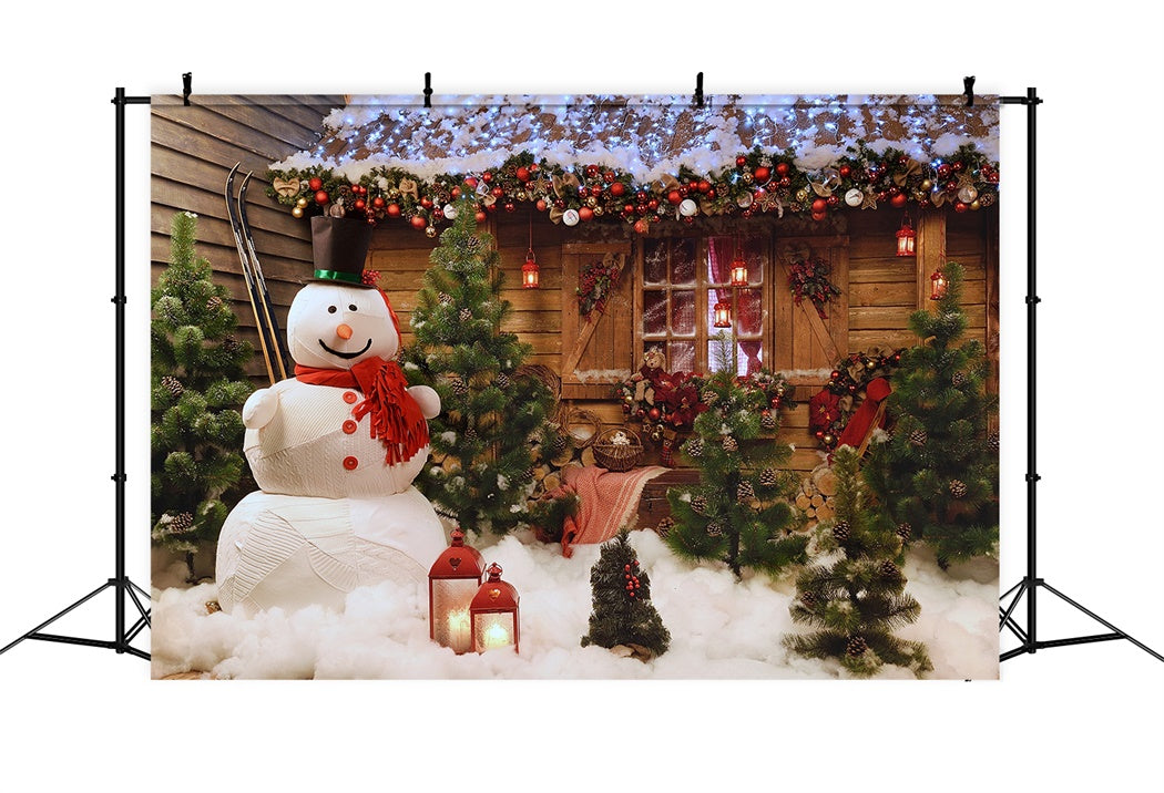 Rustic Christmas Cabin and Snowman Backdrop UK BRP8-152