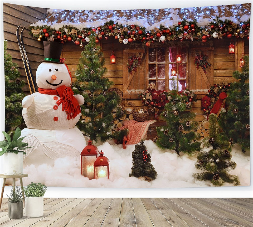 Rustic Christmas Cabin and Snowman Backdrop UK BRP8-152