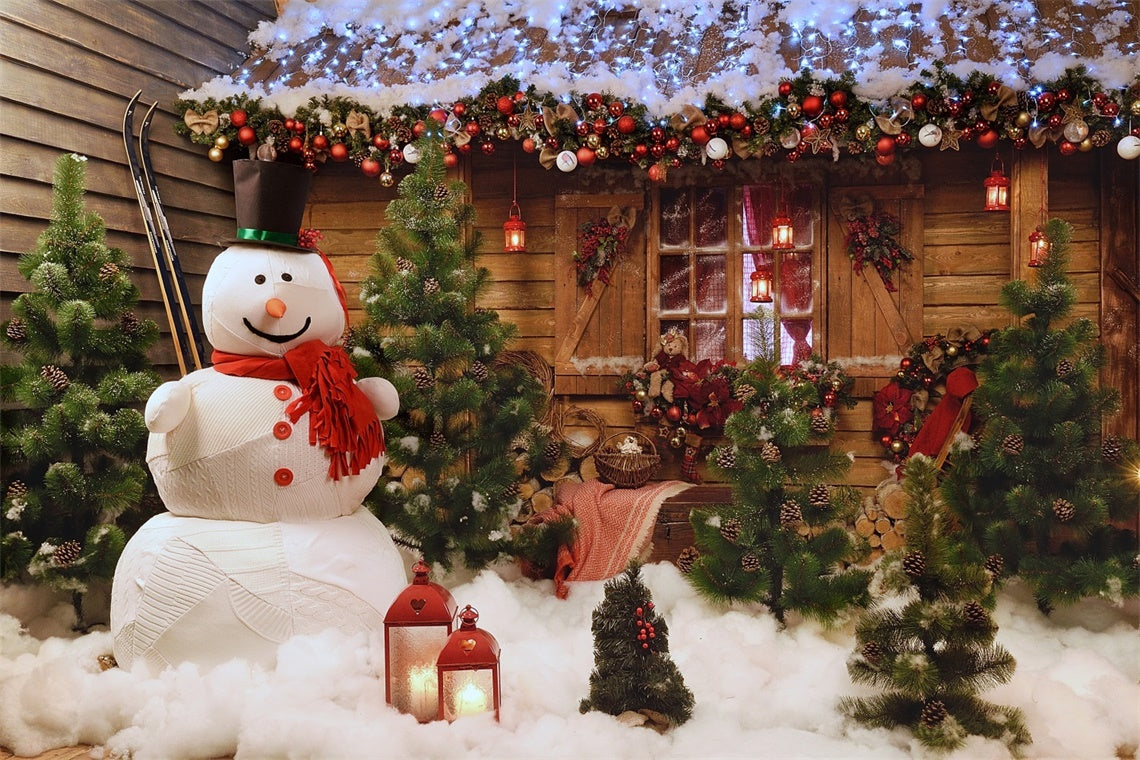 Rustic Christmas Cabin and Snowman Backdrop UK BRP8-152