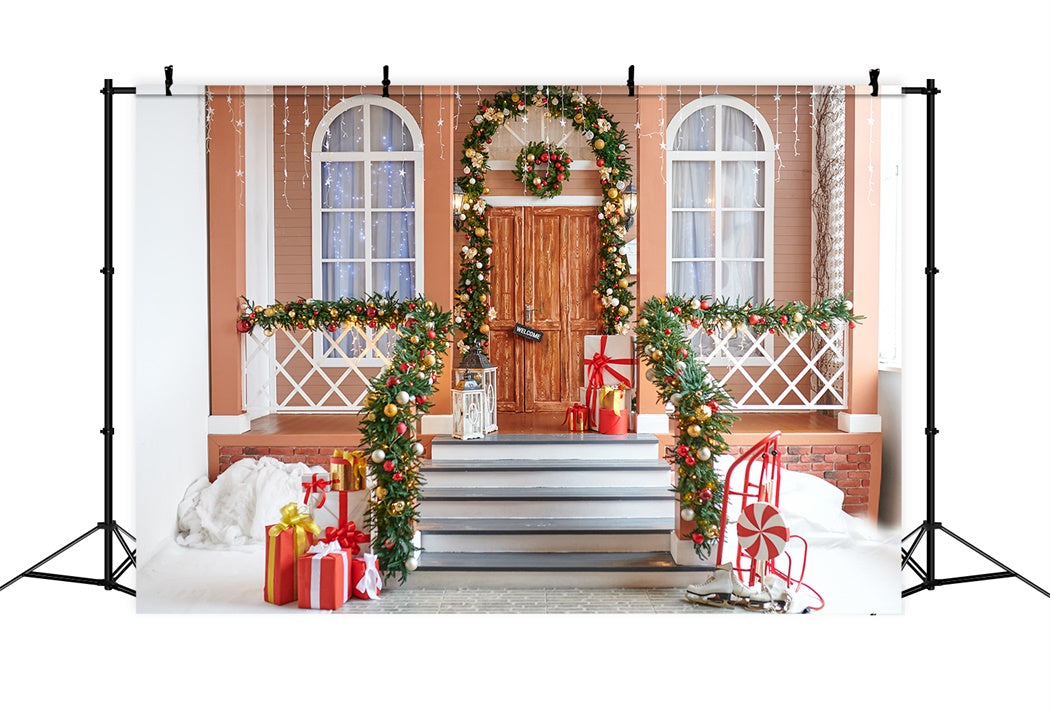 Christmas Wreath and Gifts Porch Backdrop UK BRP8-157