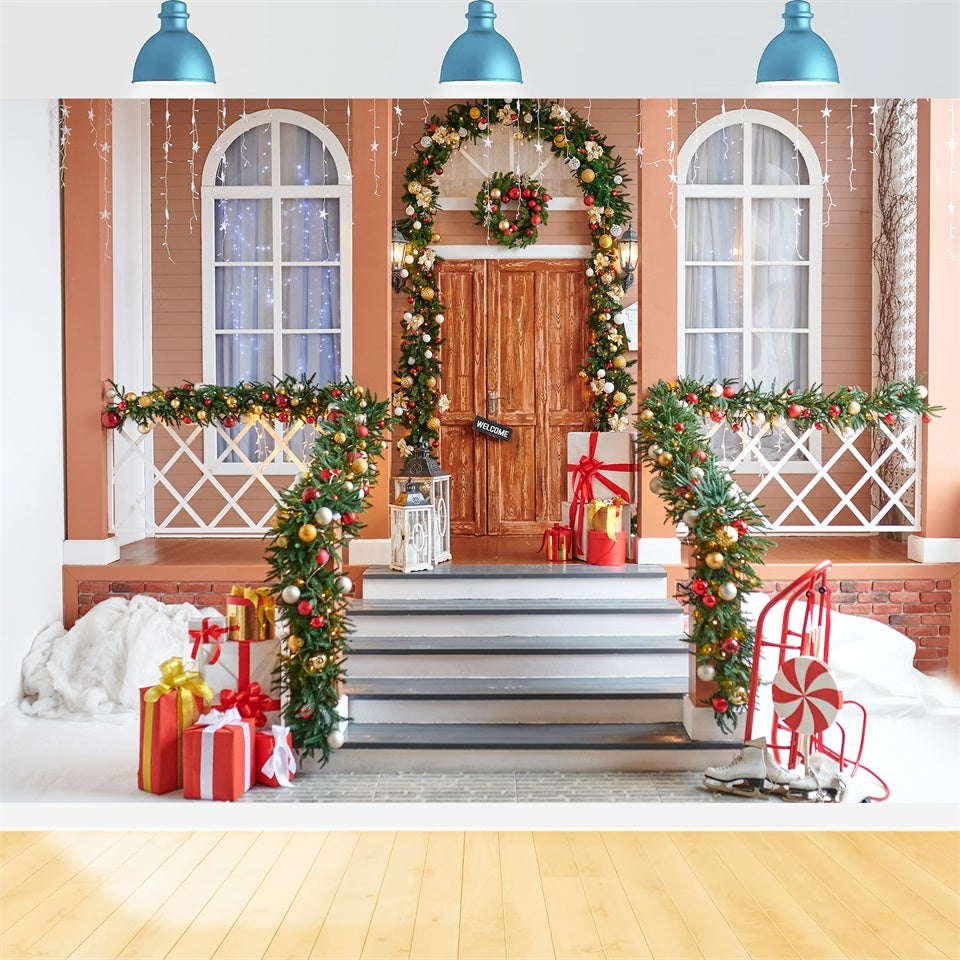 Christmas Wreath and Gifts Porch Backdrop UK BRP8-157