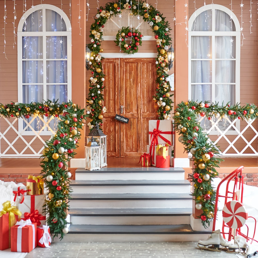 Christmas Wreath and Gifts Porch Backdrop UK BRP8-157