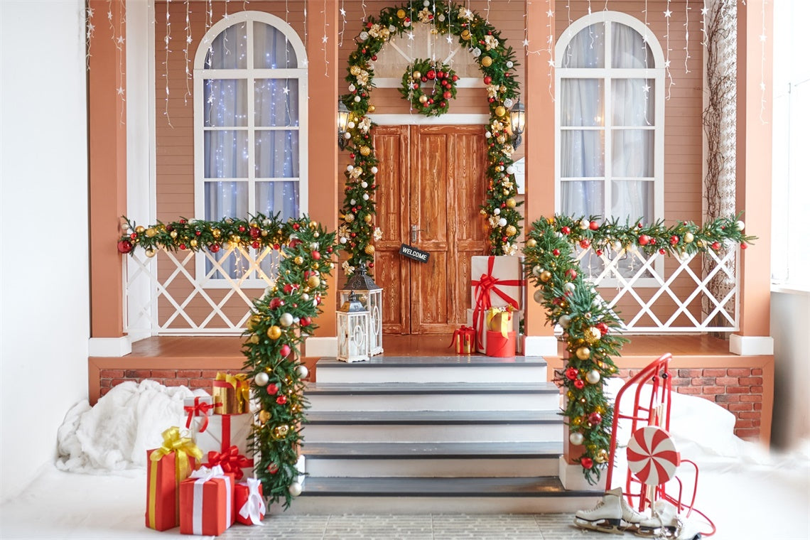 Christmas Wreath and Gifts Porch Backdrop UK BRP8-157