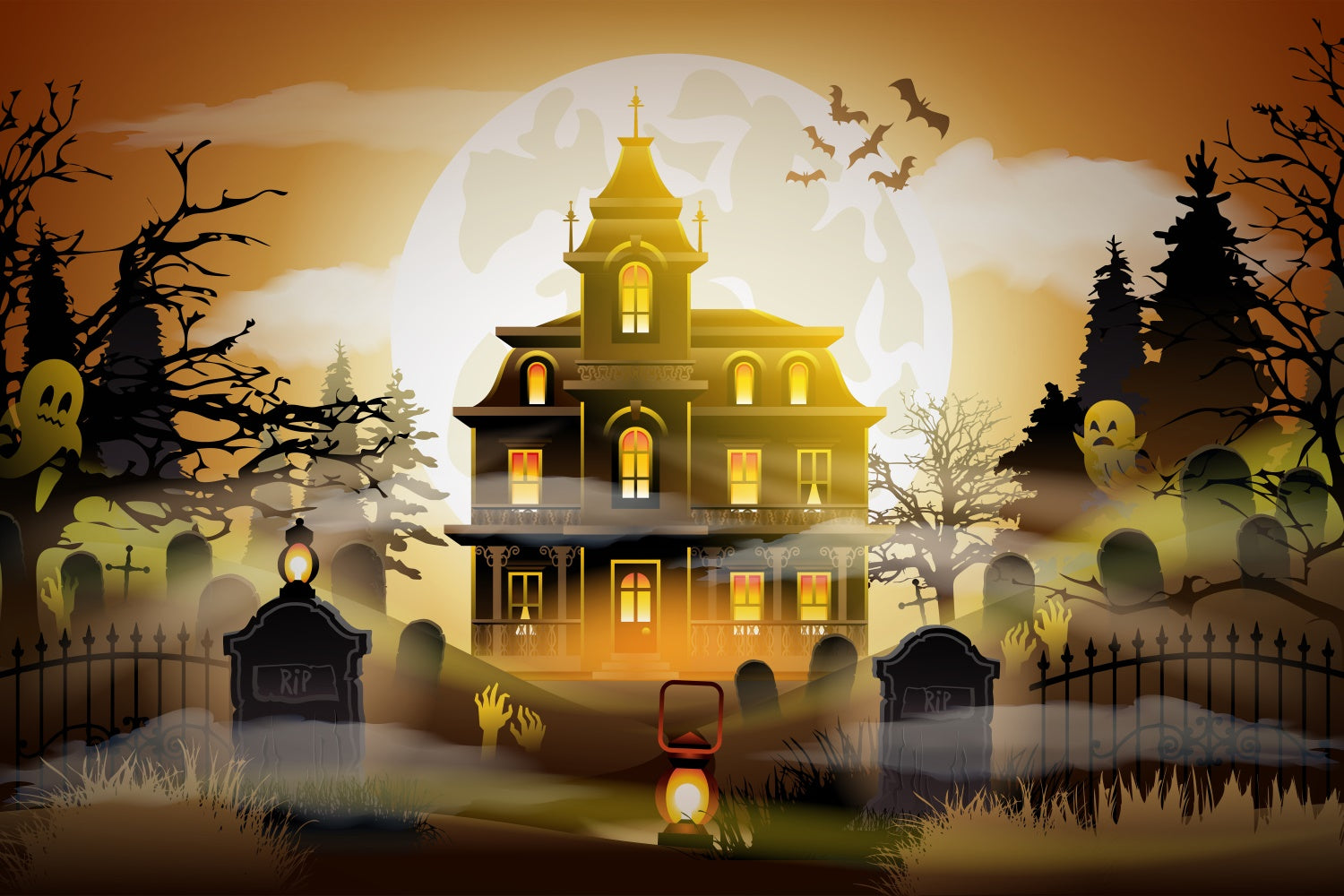 Ghostly Graveyard Haunted House Scary Halloween Backdrop BRP8-163