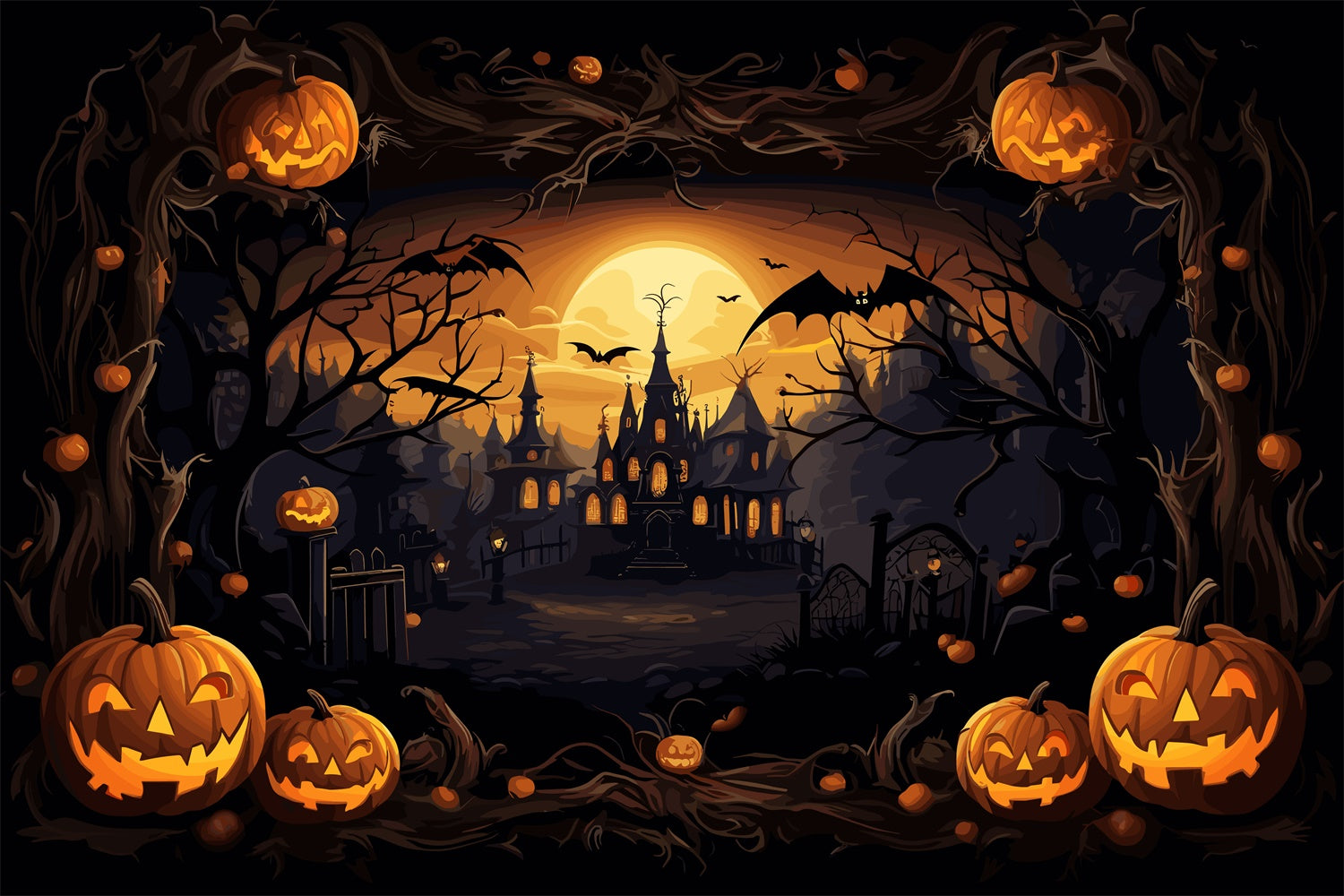 Spooky Castle and Pumpkins Halloween Backdrop BRP8-164