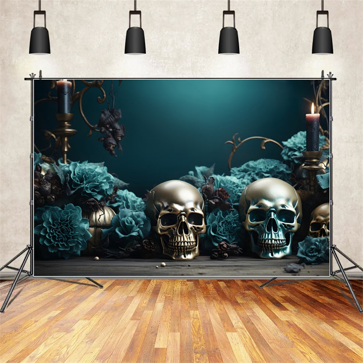 Golden Skulls and Teal Roses Halloween Backdrop BRP8-165