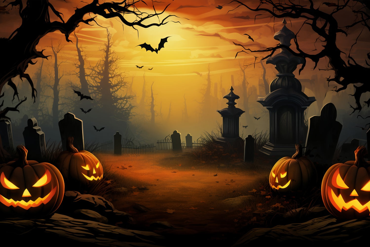 Mysterious Tombstones and Glowing Pumpkins Halloween Backdrop BRP8-168