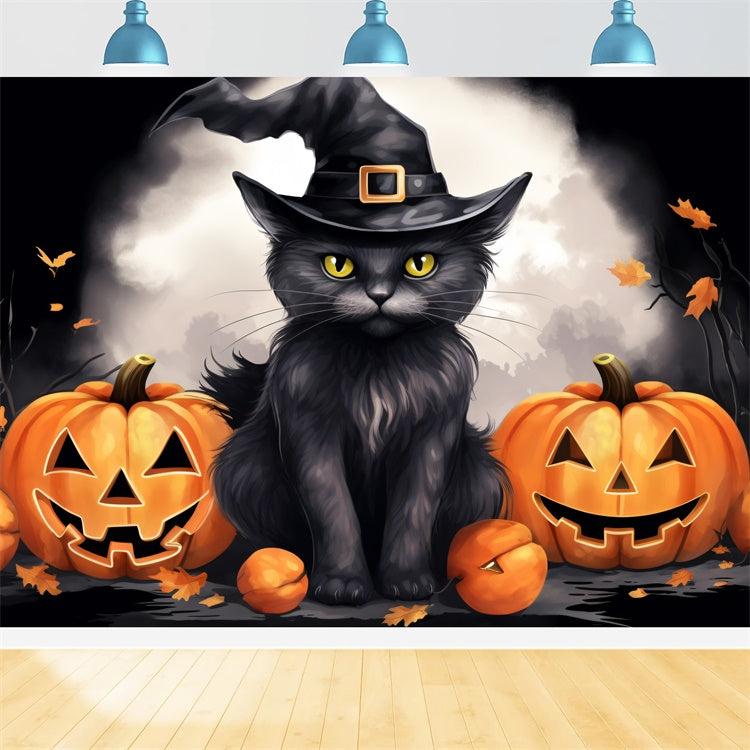 Enchanted Cat and Smiling Pumpkins Halloween Backdrop BRP8-172